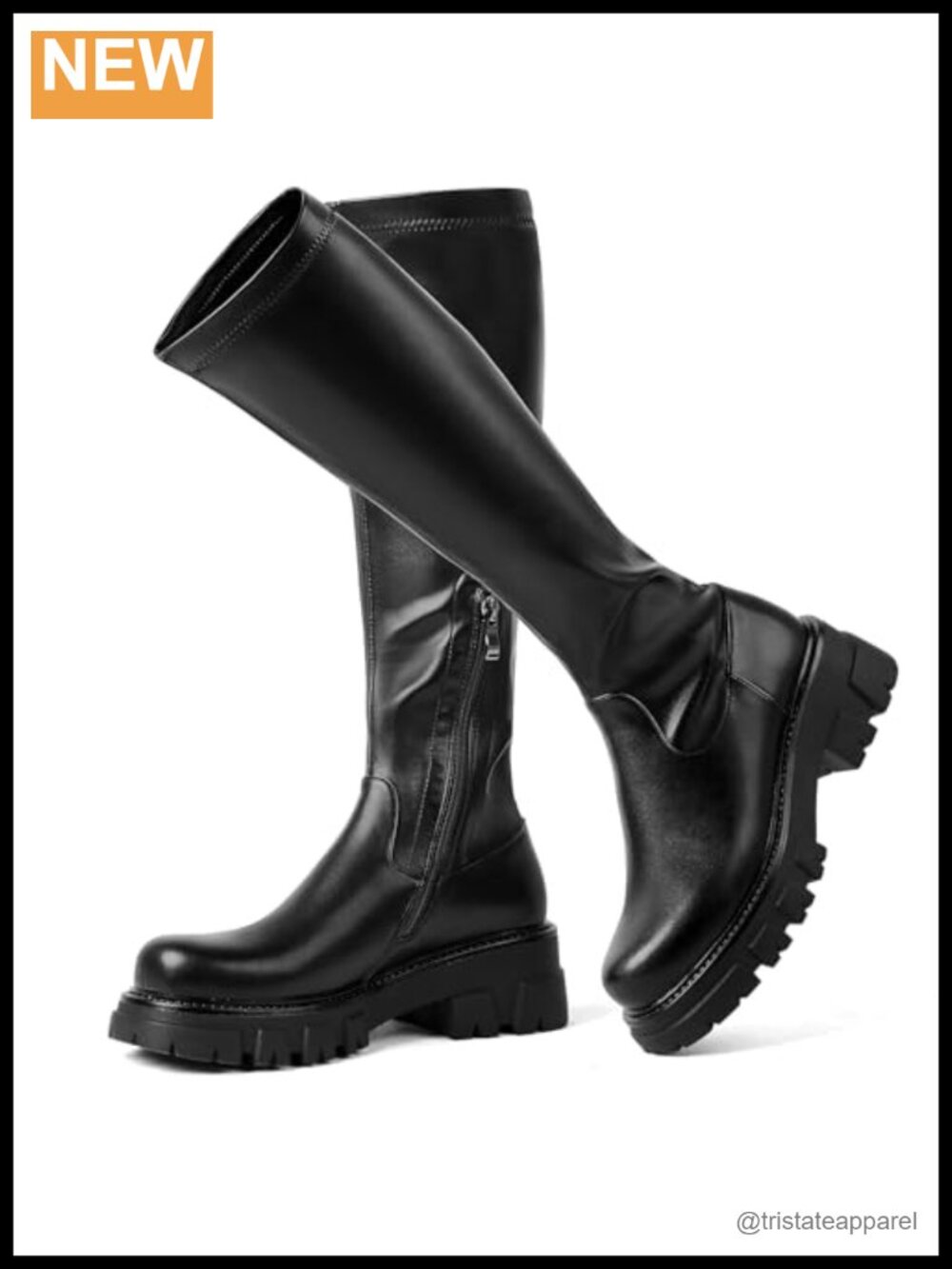 Stretch Knee High Platform Boots Chunky Block Heel Side Zip Faux Leather